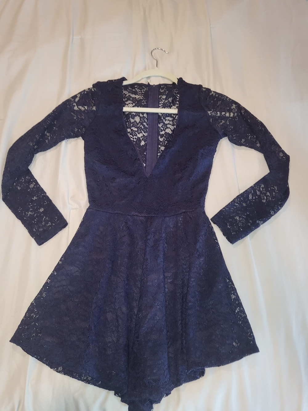 Fashion Nova Navy Lace Long Sleeve Skater Romper Dress